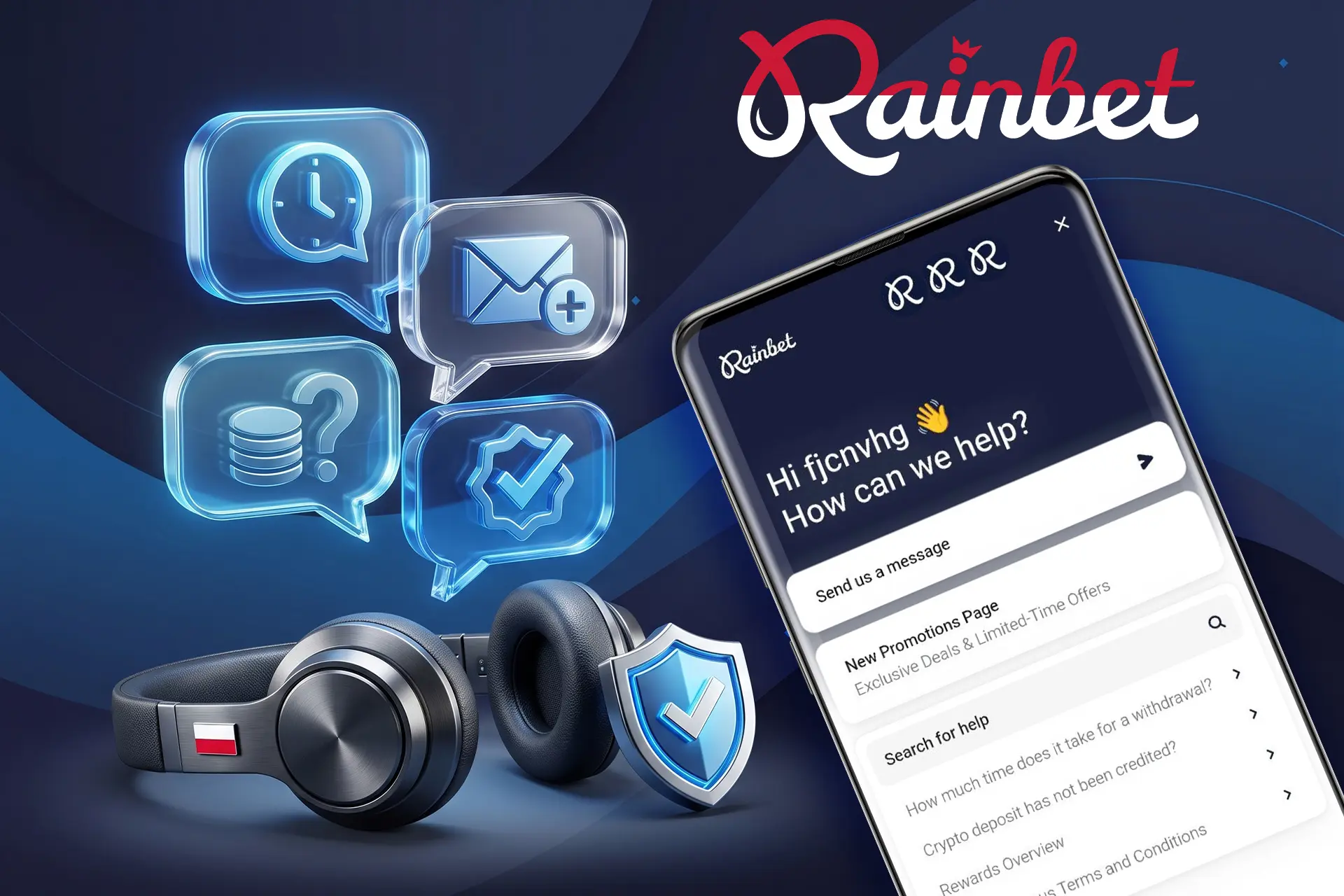 Całodobowa obsługa klienta i wsparcie techniczne na żywo, zilustrowane oknem czatu na smartfonie, słuchawkami i świecącymi ikonami kontaktowymi