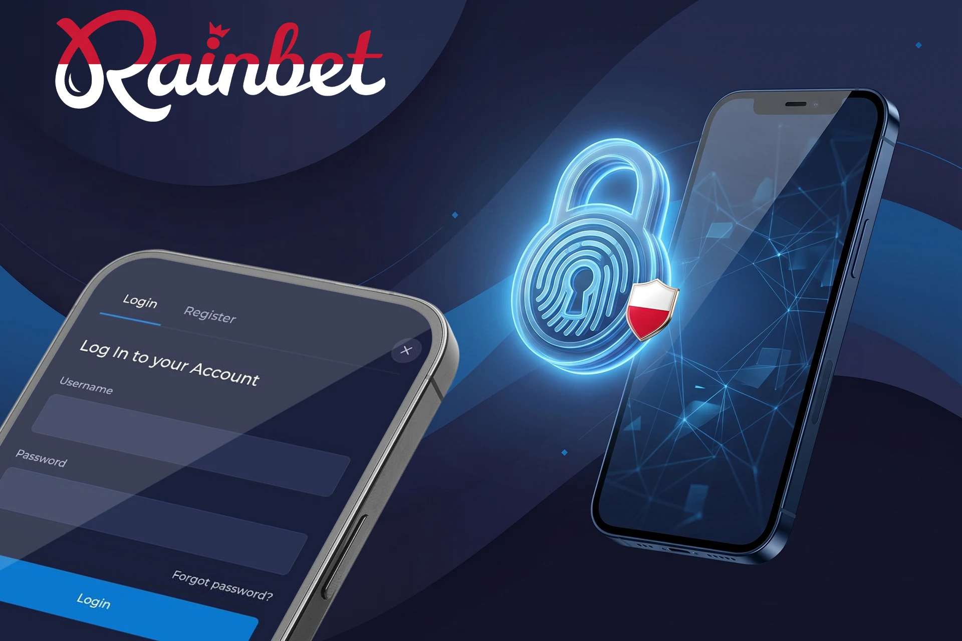Panel logowania do konta w Rainbet z zaawansowanymi funkcjami bezpieczeństwa, symbolizowany przez biometryczną kłódkę na tle cyfrowej sieci