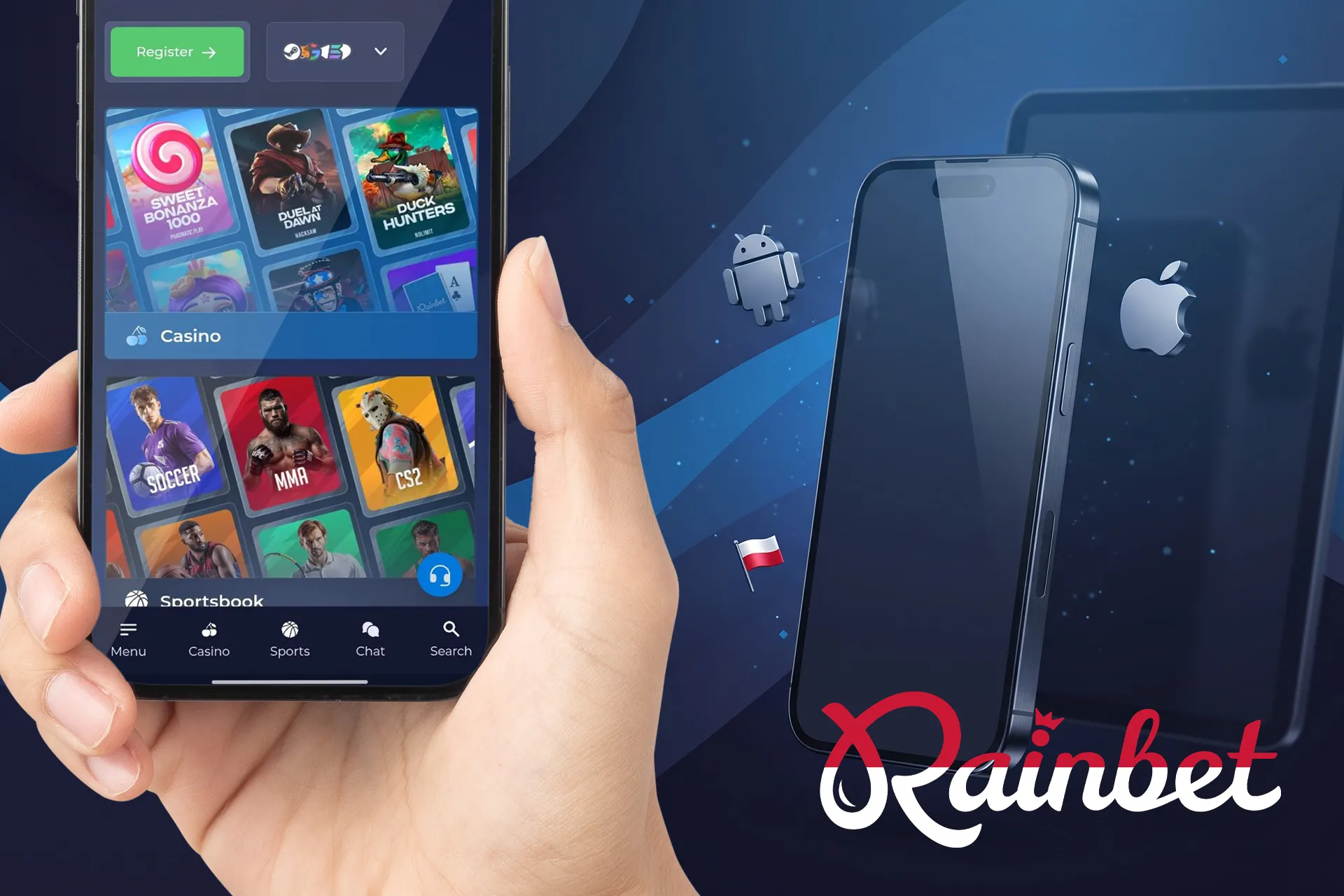 Oficjalna aplikacja mobilna Rainbet do zakładów i gier kasynowych, trzymana w dłoni na tle ikon systemów iOS i Android oraz polskiej flagi